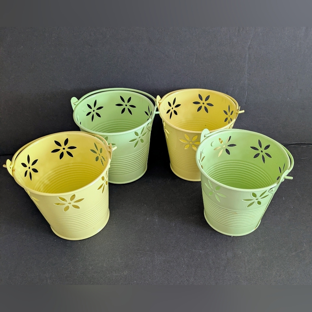 Buckets Bundle 4 Decorative Metal Flower Cutout Planter Buckets Green and Yellow